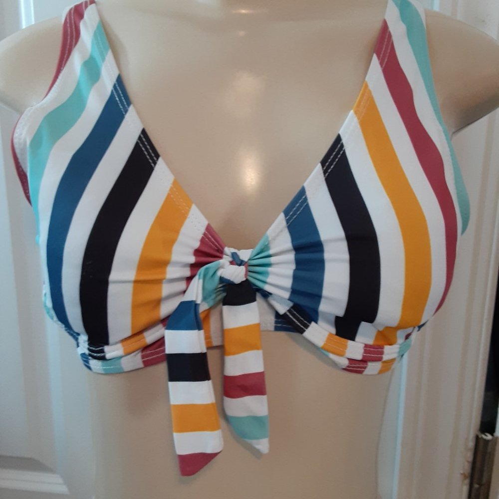 White/Red/Blue/Yellow/Black Multicolored Striped Tie Bust Bikini Top - Picture 2 of 14